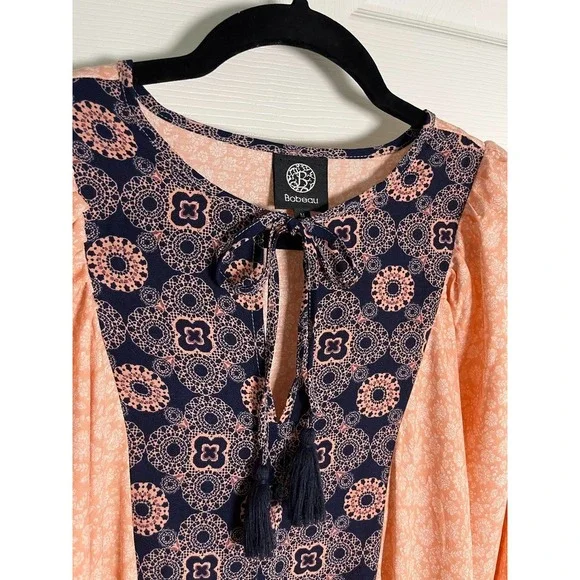 Bobeau Peasant Dress Sz M Coral/Navy Colorblock Boho Tassels - Picture 2 of 11